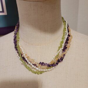 VTG Coldwater Creek Stand Necklace: Amethyst/Pearl/Grn & Tan Twist. So Cute!